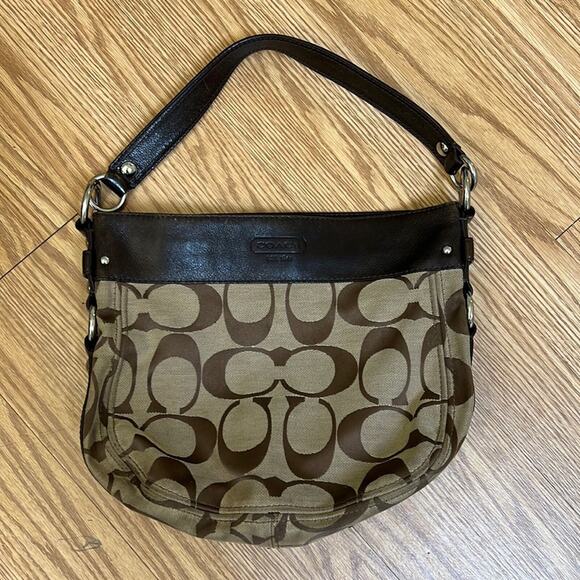 Coach camel brown jacquard and leather signature Zoe handbag shoulder purse - Picture 1 of 6